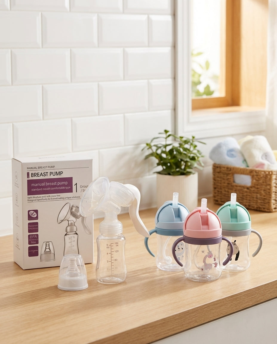 image_of_manual_breast_pump_and_baby_sippy_cups