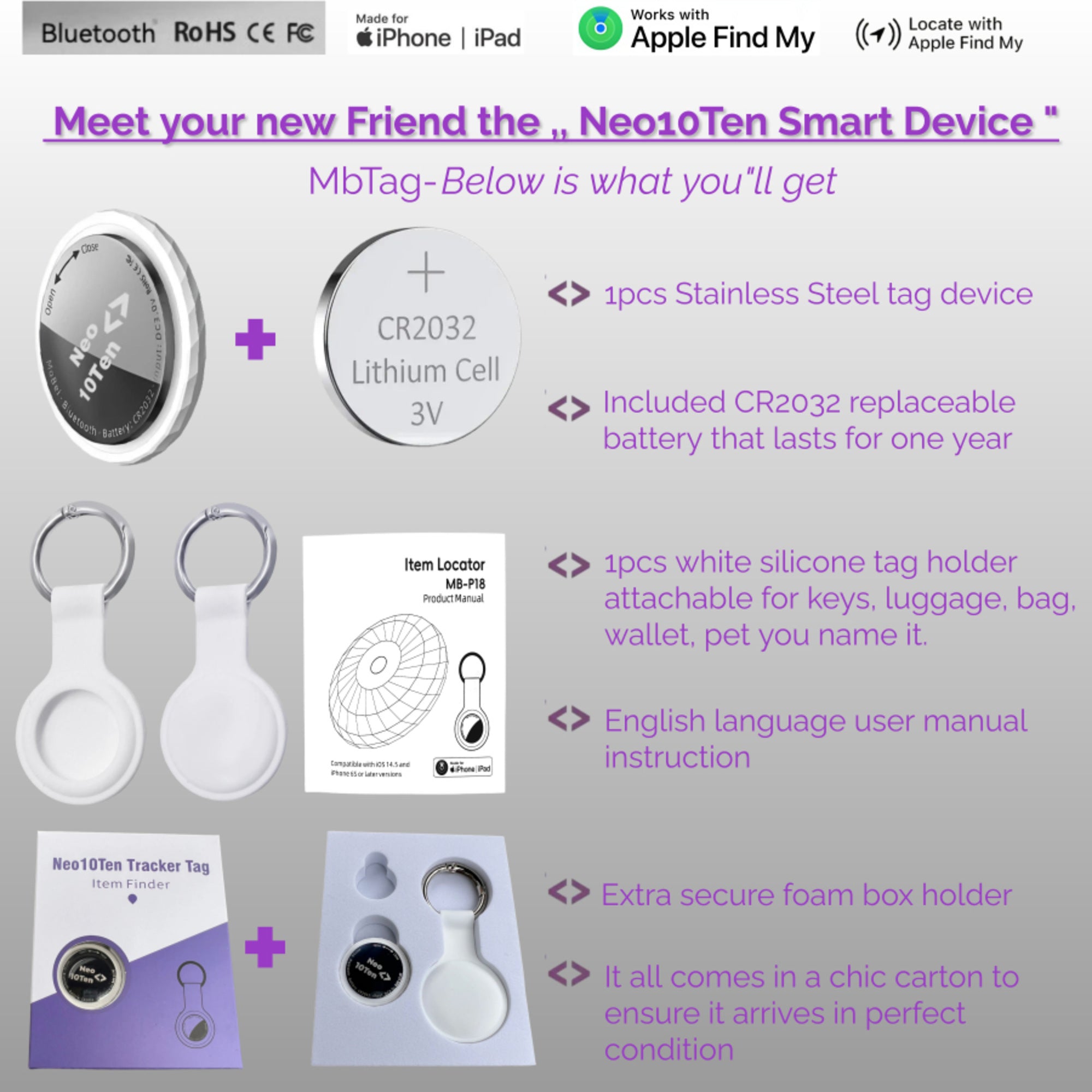 Neo10Ten Air Tracking Tag 2 Pack | Apple Find My Compatible | IP67