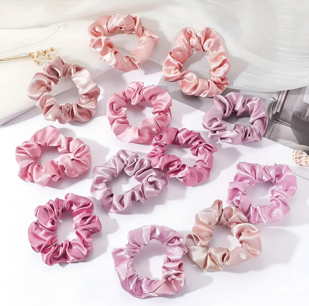 12pcs/Set Soft Elastic Silk Scrunchies, Hair Loops Ponytail Holders Hair Ties Satin Colorful Scrunchie- Comfy&Staylish Hair Accesories, Prevents Breakage, Friction and Creases [Small Pink Variety]