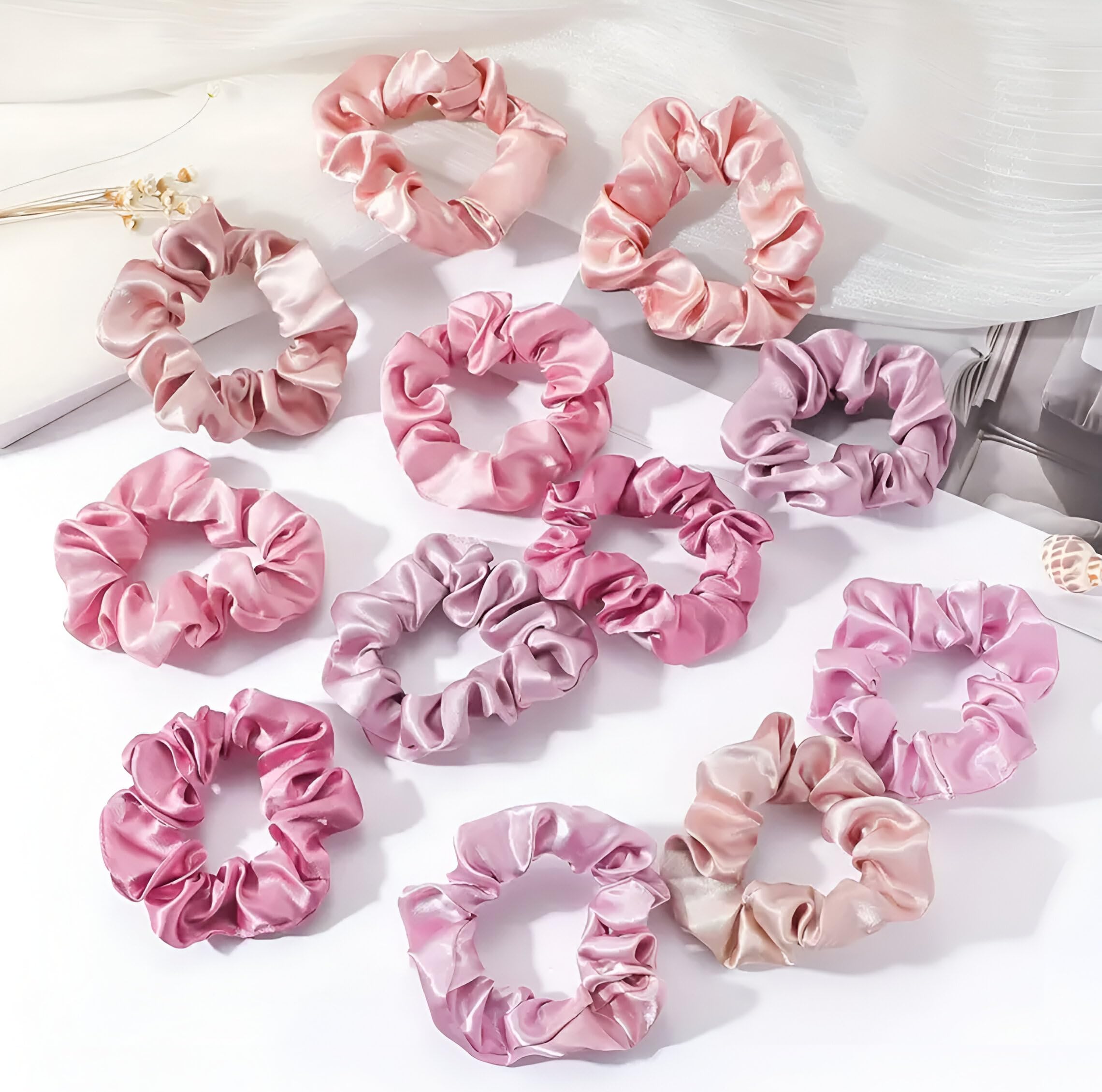 12pcs/Set Soft Elastic Silk Scrunchies, Hair Loops Ponytail Holders Hair Ties Satin Colorful Scrunchie- Comfy&Staylish Hair Accesories, Prevents Breakage, Friction and Creases [Small Pink Variety]