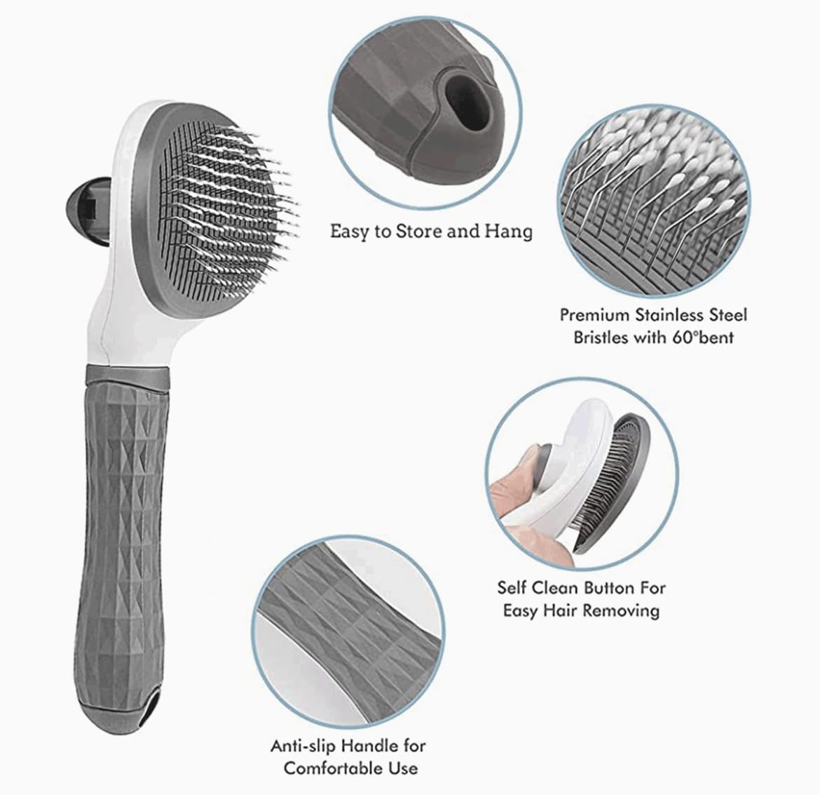 Neo10Ten Pet Grooming Brush with Self Cleaning Button for Dog, Cat, Horse, Rabbit Brush Comb, Slicker Brushes with Smooth handle, Shedding Brush Massage Clean Tangled (Grey)