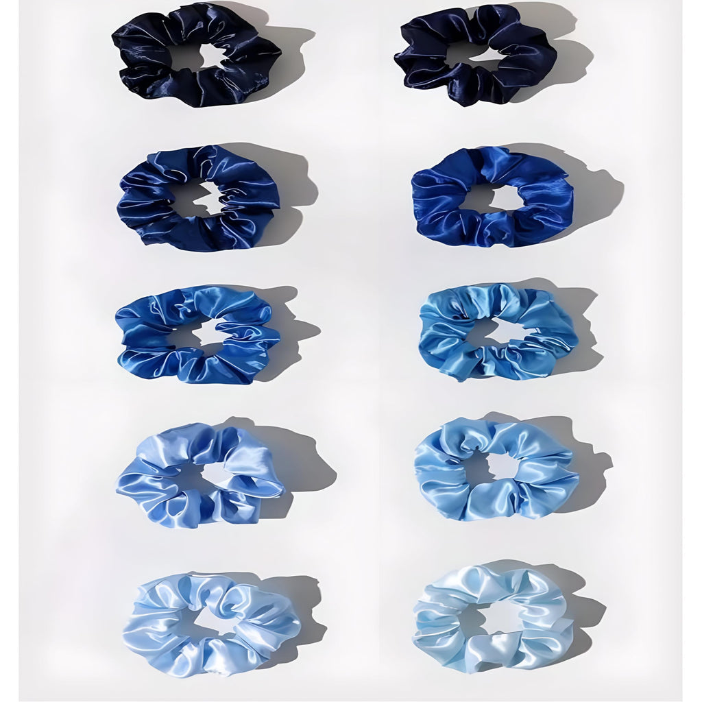 10pcs/Set Silk Colorful Scrunchies, Soft Elastic Satin Ties - Comfy And Stylish Hair Accesories, Scrunchie Women, Girls Gentle Texture Minimizes Breakage & Friction Frizz Free (Blue Variety)