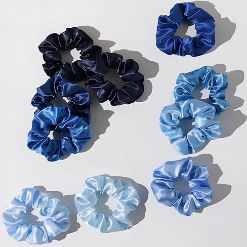 10pcs/Set Silk Colorful Scrunchies, Soft Elastic Satin Ties - Comfy And Stylish Hair Accesories, Scrunchie Women, Girls Gentle Texture Minimizes Breakage & Friction Frizz Free (Blue Variety)
