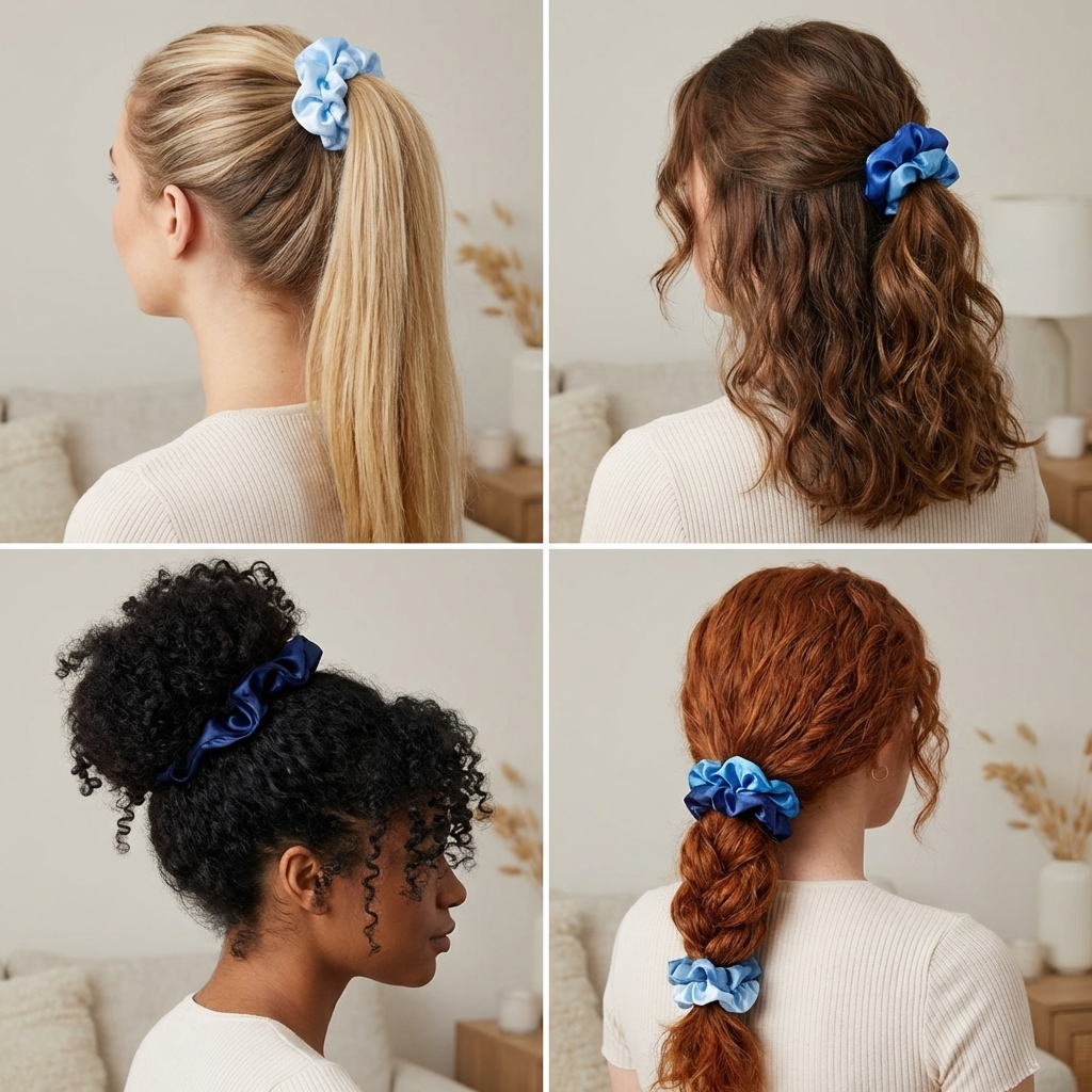 Neo10Ten Silk Scrunchies | Blue Variety | Satin Hair Ties | Pack of 10