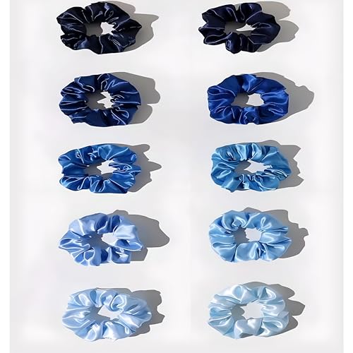 10pcs/Set Silk Colorful Scrunchies, Soft Elastic Satin Ties - Comfy And Stylish Hair Accesories, Scrunchie Women, Girls Gentle Texture Minimizes Breakage & Friction Frizz Free (Blue Variety)