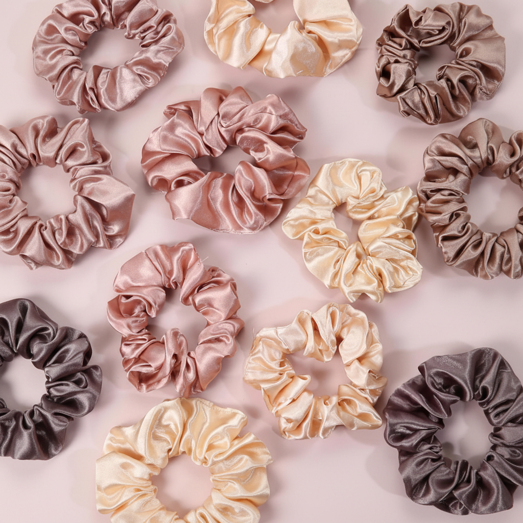 12pc satin silk scrunchies variety pack scattered flat lay square format