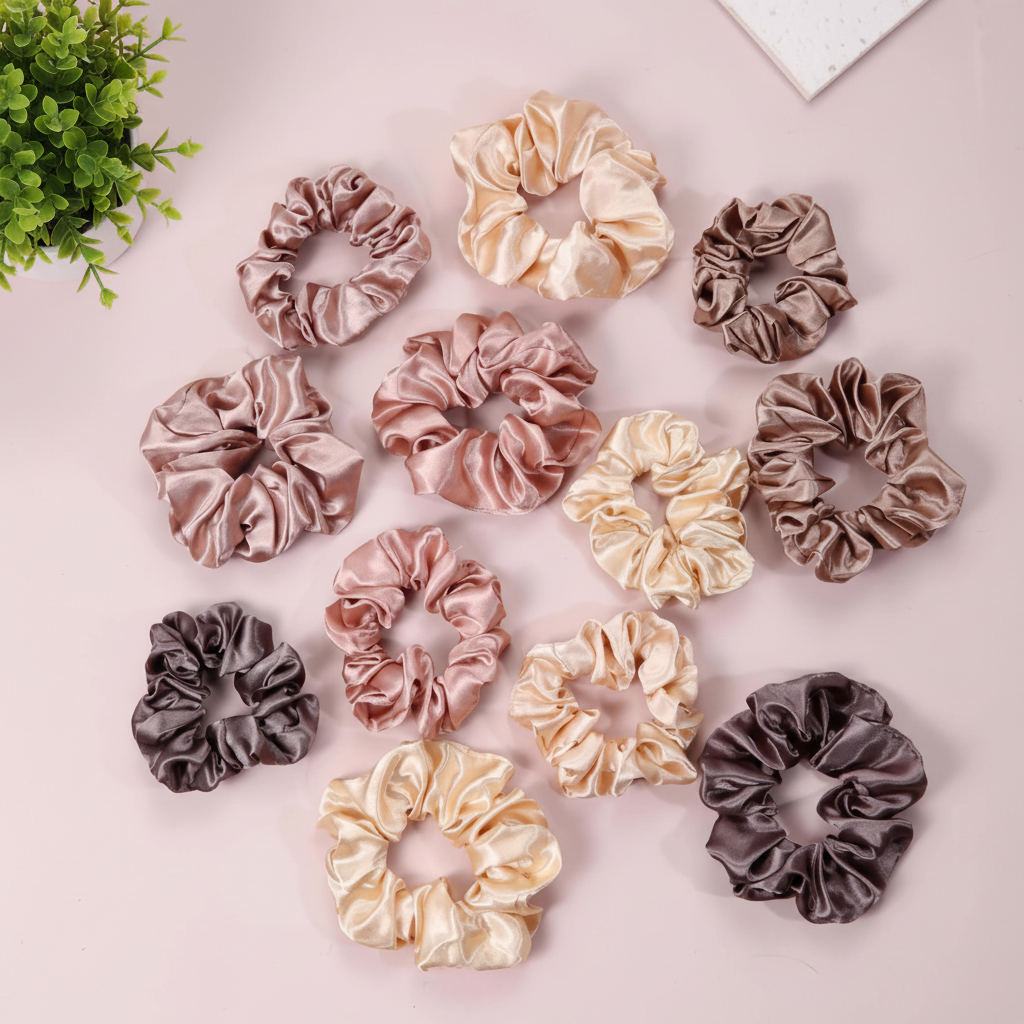 12pc satin silk scrunchies variety pack flat lay with green plant square format